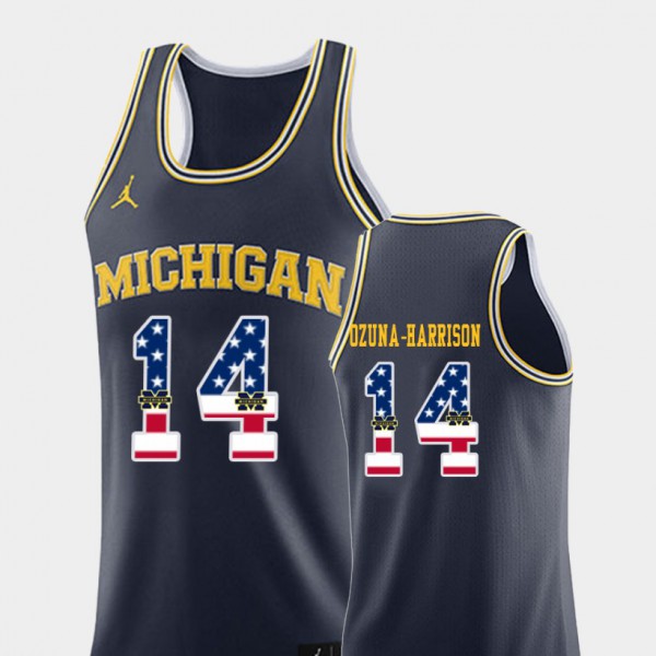Michigan #14 Mens Rico Ozuna-Harrison Jersey Navy Embroidery USA Flag College Basketball